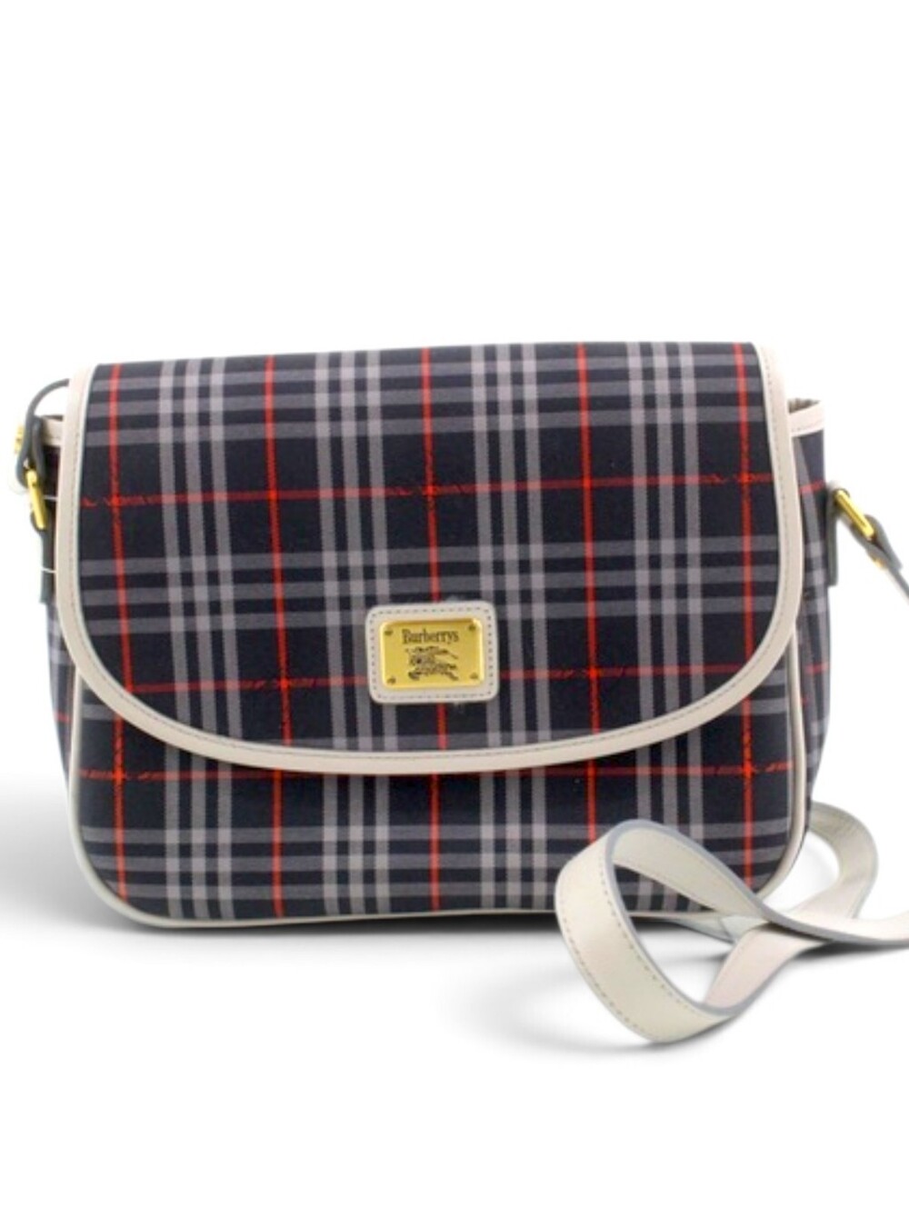 Burberrys Navy Red Plaid Crossbody Bag Canvas Leather